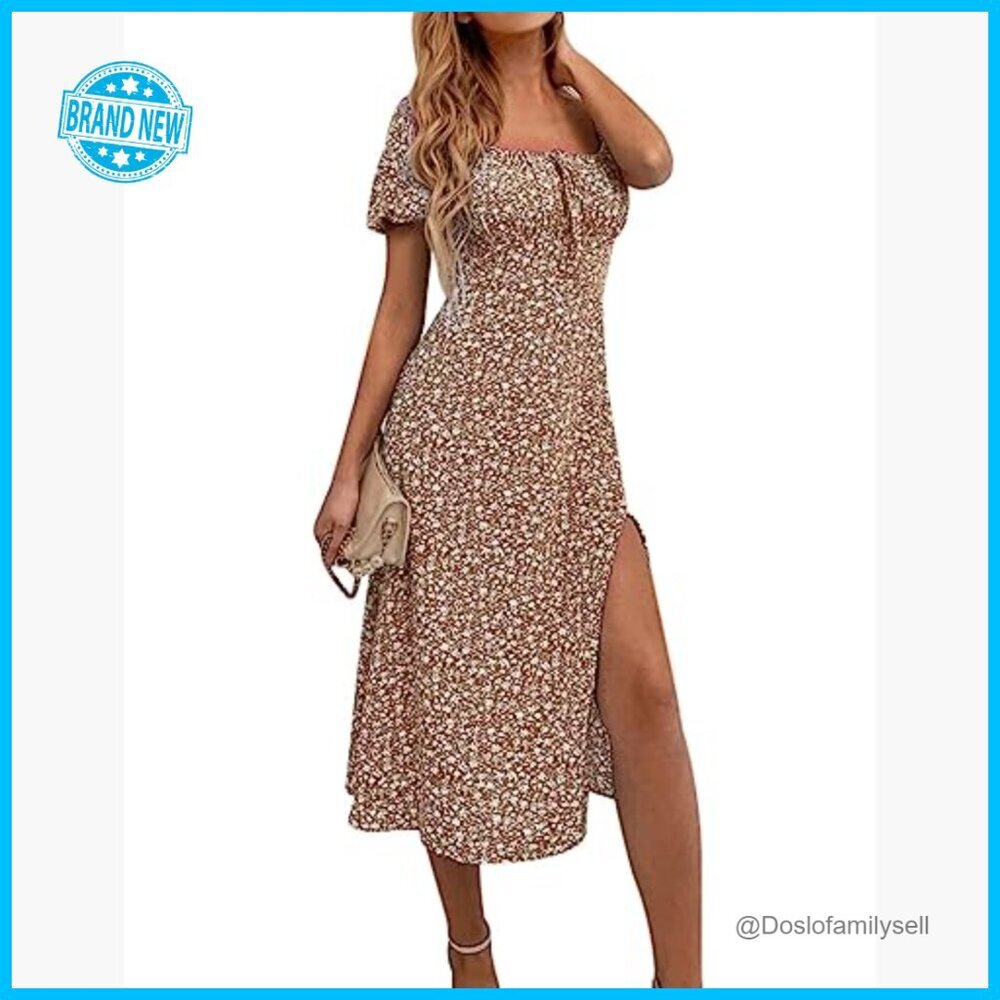 Floral Boho Midi Dress Square Neck Puff Sleeve Ruched Bust High Waist Split - Picture 3 of 6
